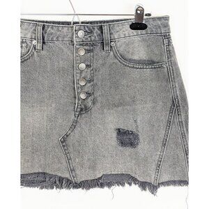 Distressed Gray Denim Mini Skirt With Frayed Hem & Button Front Closure